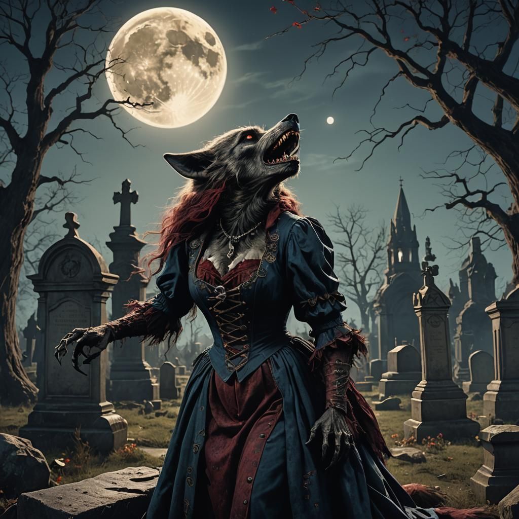 Werewolf Howling at Moon in Graveyard: Matte Painting