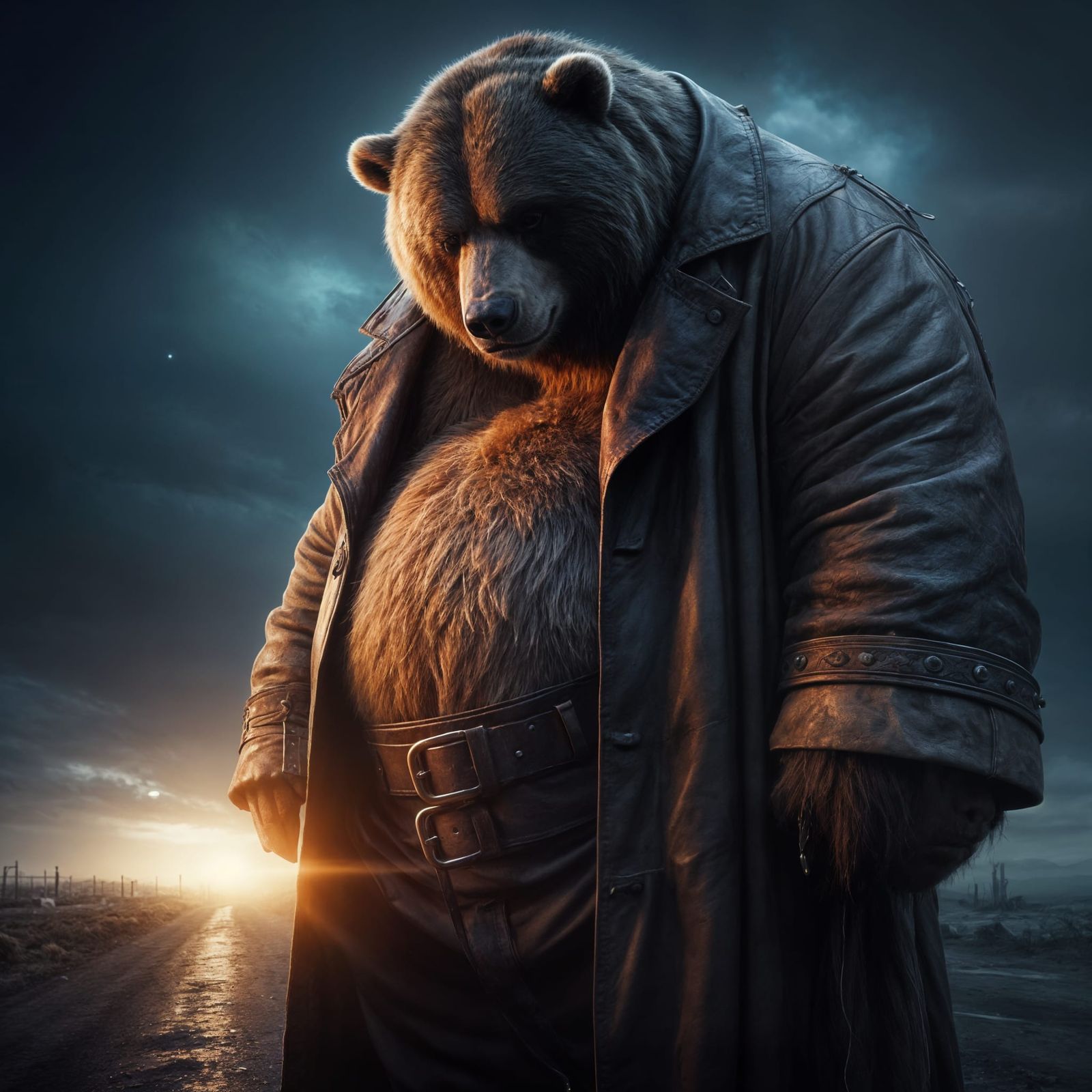 Obese Kodiak Bear in Leather Duster: Dark Fantasy Art