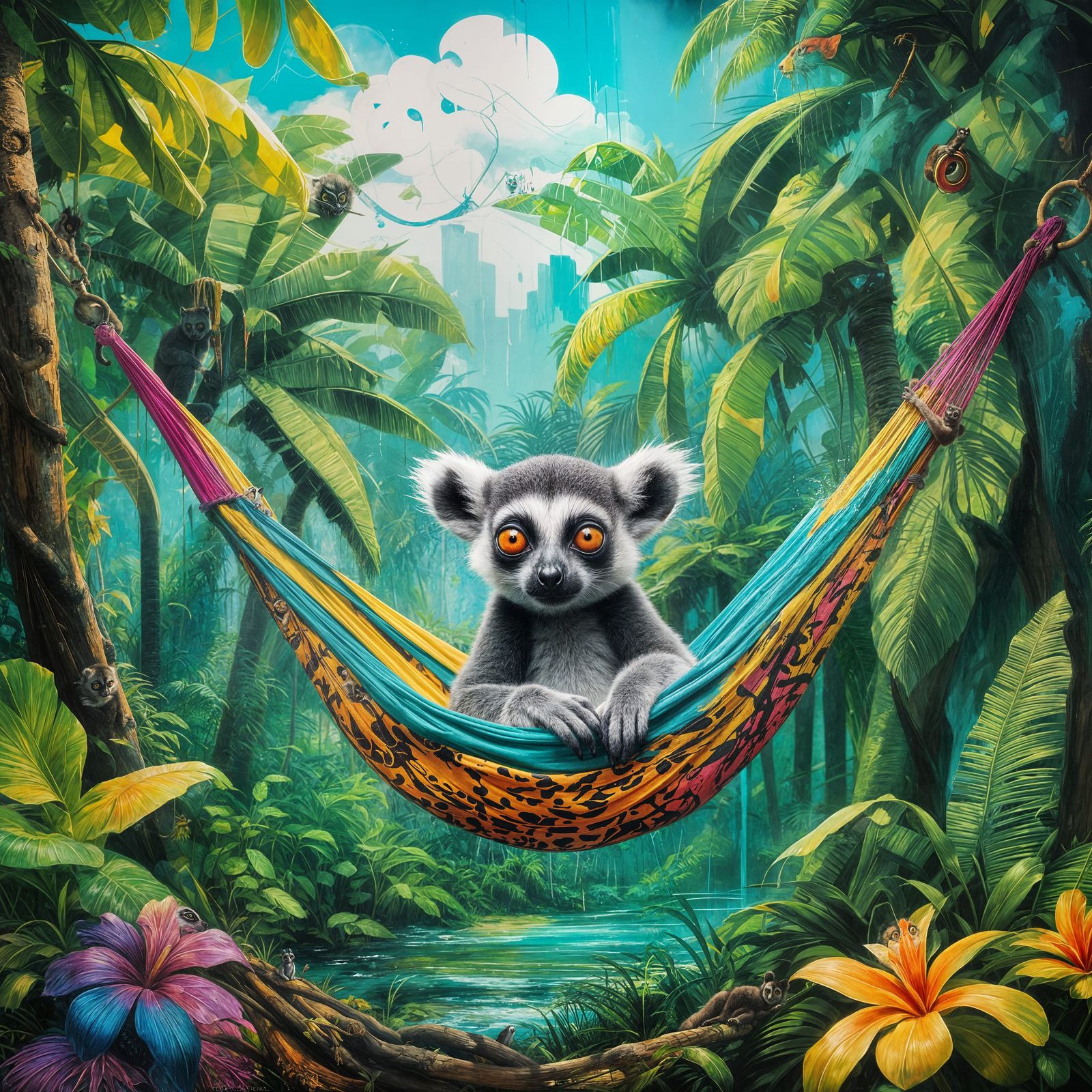 King Julien Relaxing: Graffiti Art in Tropical Landscape