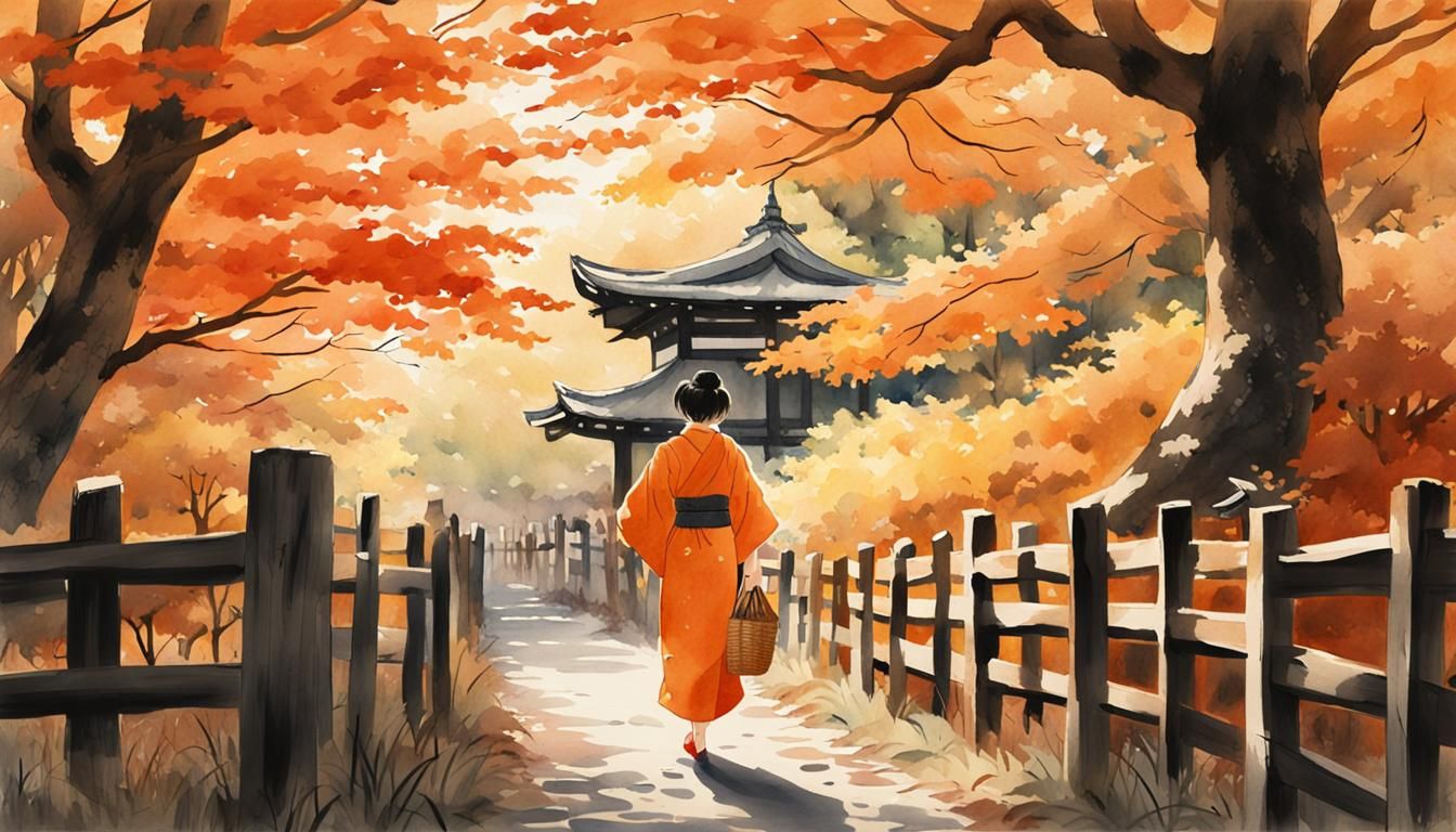 Japanese Woman in Autumn Forest, Watercolor Art