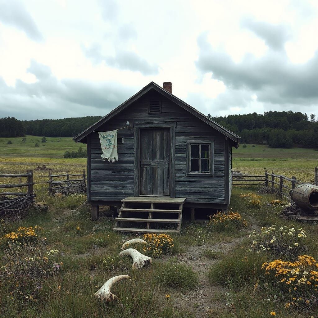 Worn House in Neglected Field, Rural Landscape