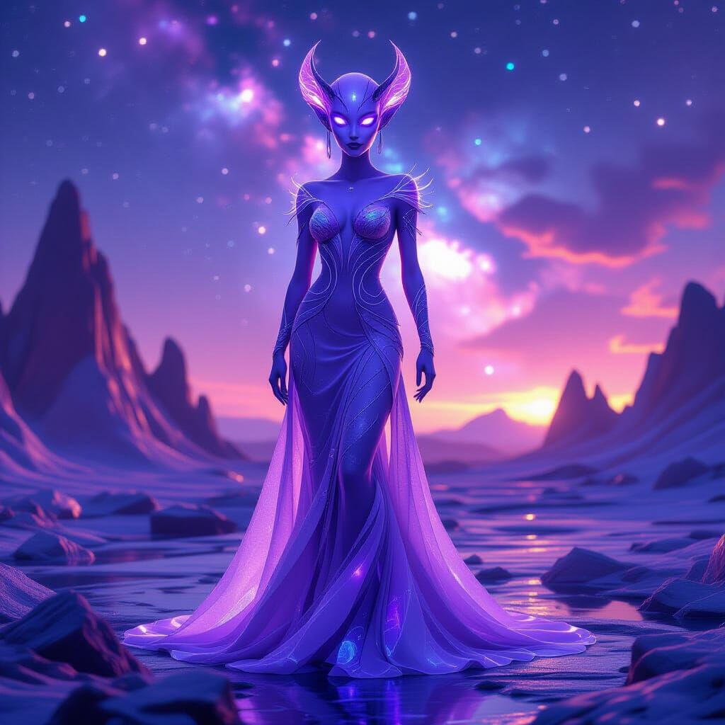 Elegant Alien Woman in Cosmic Landscape Digital Matte Painti...