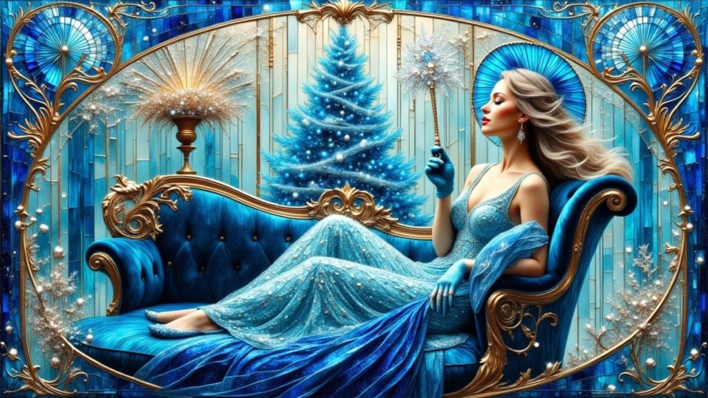 Art Nouveau Flapper Woman in Frosted Christmas Scene