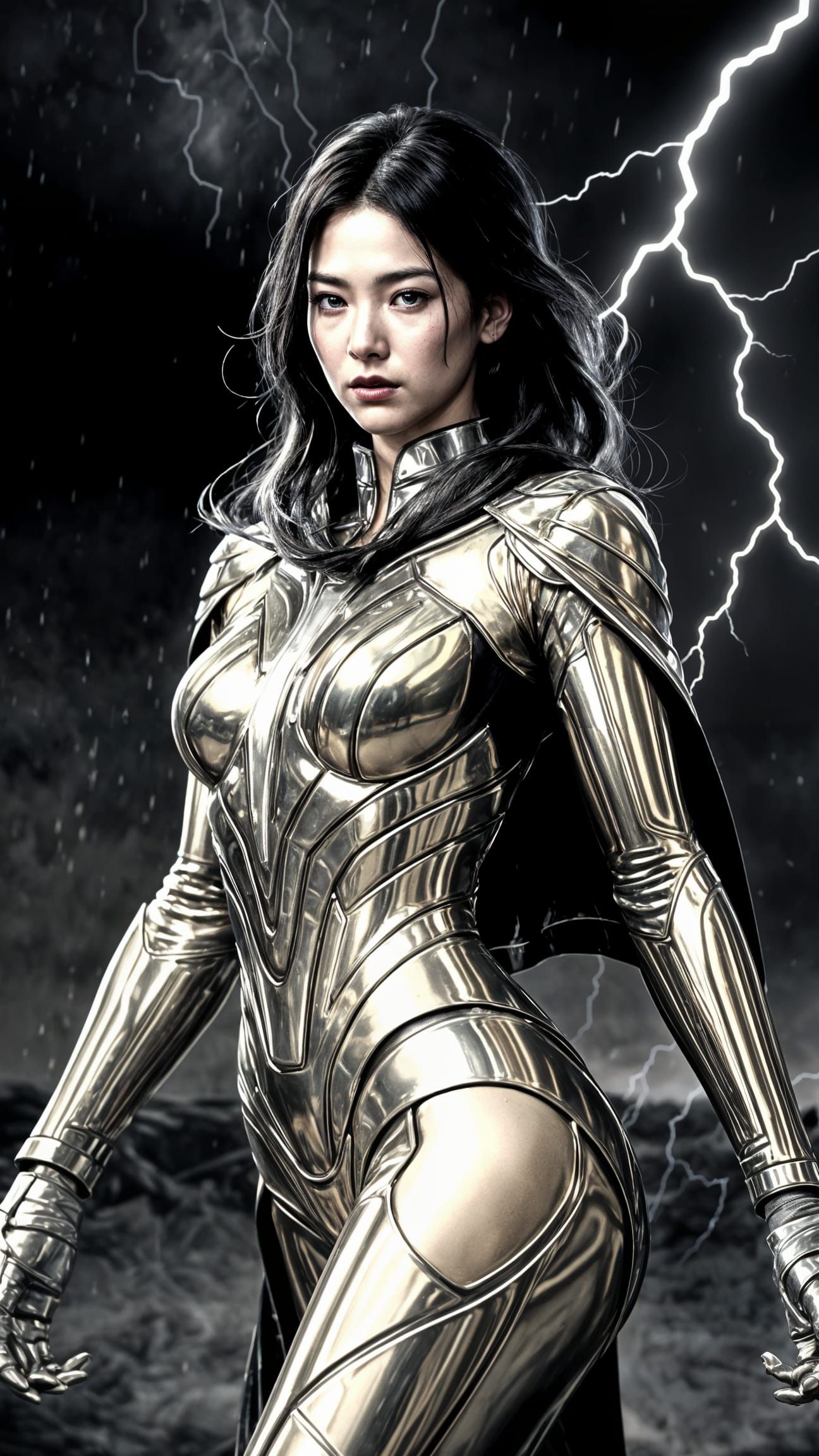 Glossy Chrome Superheroine Illuminated by Lightning in a Dow...