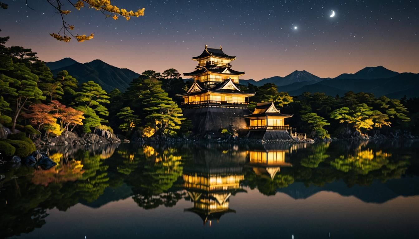 Moonlit Japanese Castle Reflection: Tonalist Photography