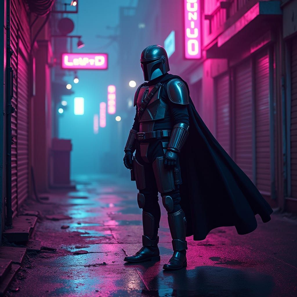 Mandalorian Warrior in Neon-Lit Alleyway