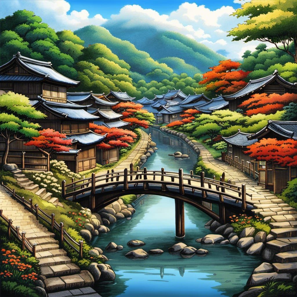 Anime Japanese Village with River and Forest