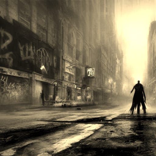 Gothic Figure Amidst Cathedral Ruins with Graffiti Art