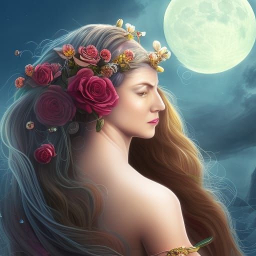 Celestial Woman with Rose Gazing at Moon, Digital Art