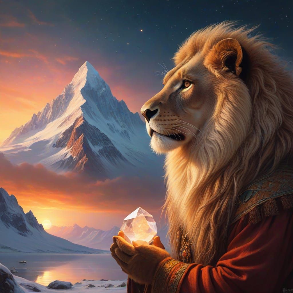 Ethereal Lion Amidst Starlight on Snow-Capped Mountain