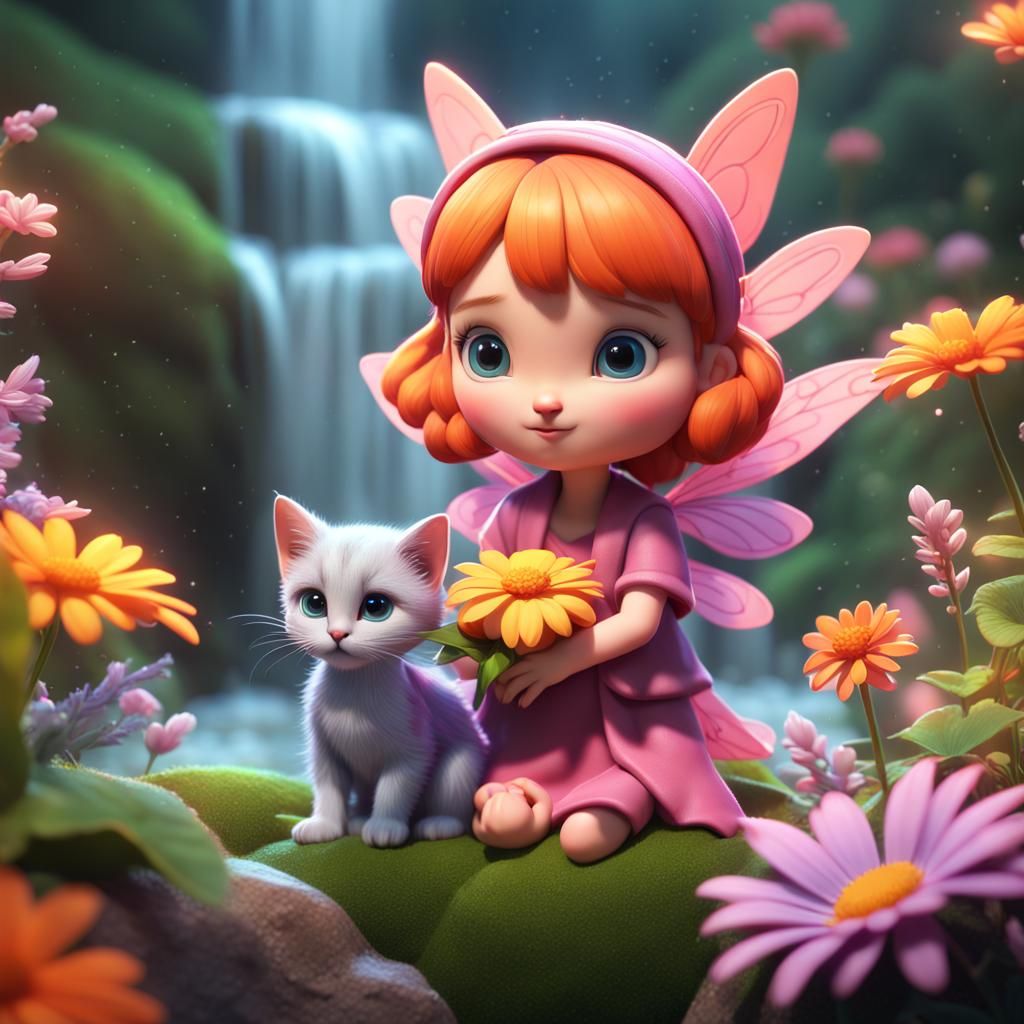 Fairy and Kitten in a Floral Paradise