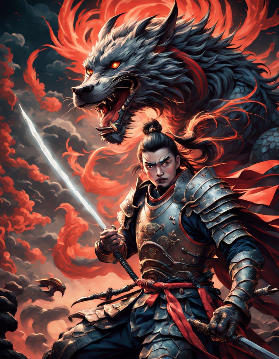 Ming Dynasty Demonic Warrior in Electric Crimson Hues