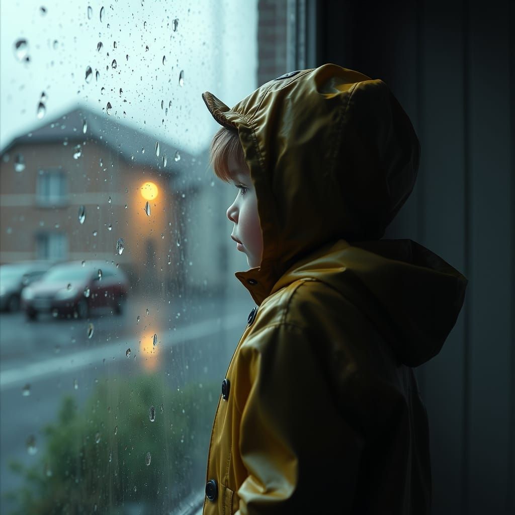 A Child Watches Raindrops Slide Down a Window in Hyperrealis...