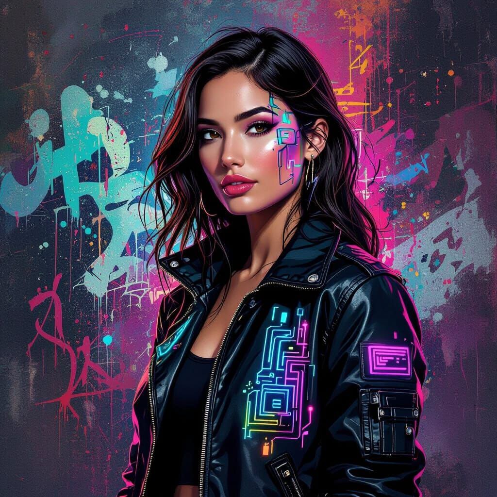 Cyberpunk Woman in Graffiti Street Art Style