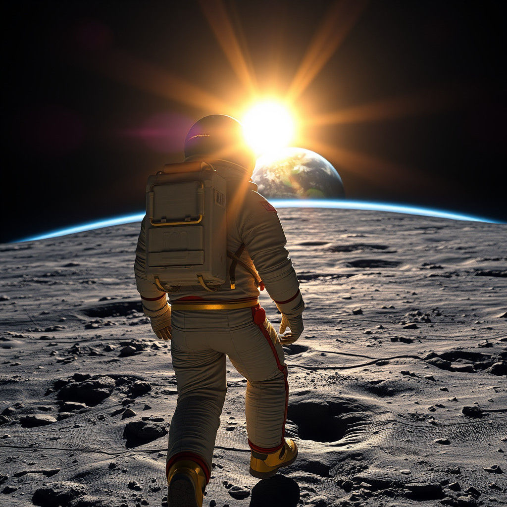 Astronaut Walks on Moon Towards Earth at Sunset