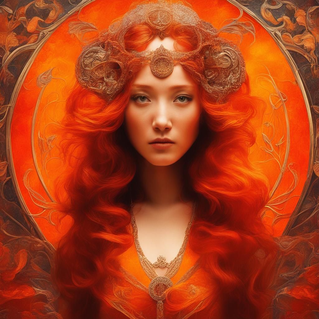 "The balance of duality between good and evil in art nouveau style by kinuko, red and orange.