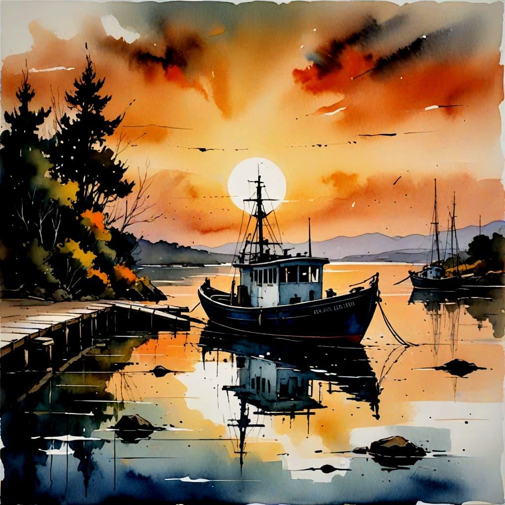 Impressionist Watercolor Seascape with Sunset Boat and Jetty