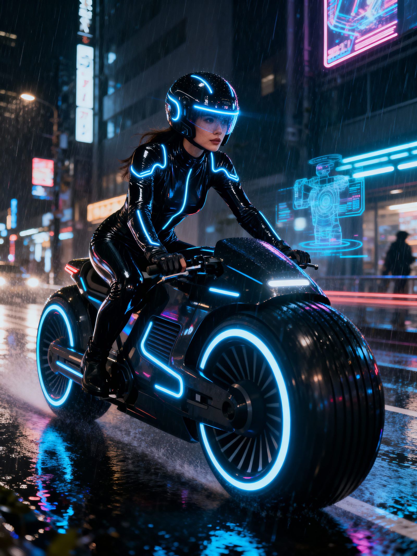 Woman in Neon Catsuit Rides Tron Light Cycle in Futuristic T...