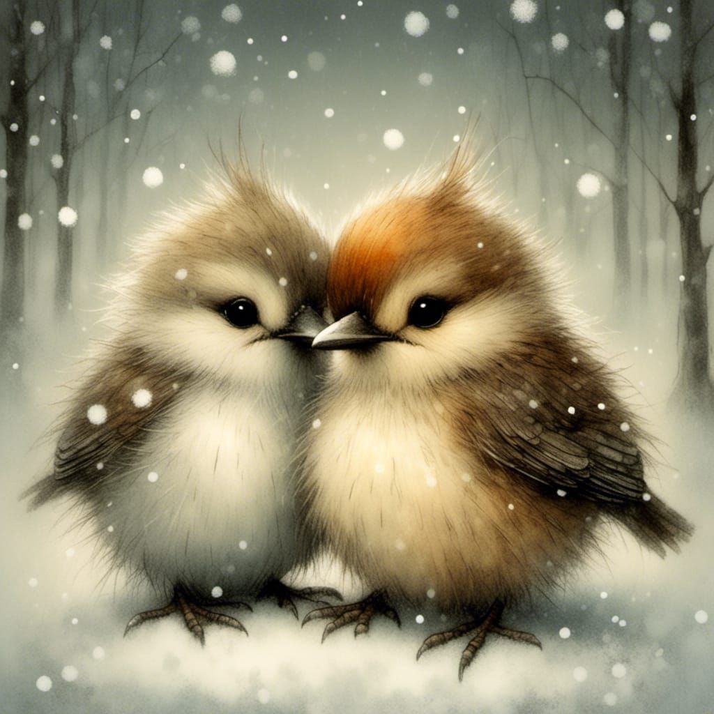 Birds Huddle Together in Winter Snow, Whimsical Art
