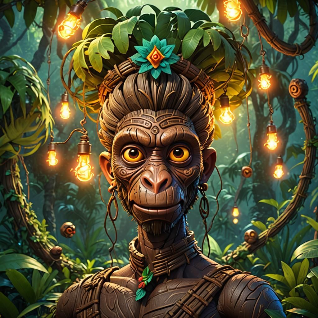 Menacing Monkey Tiki Monster in Jungle, 3D Render