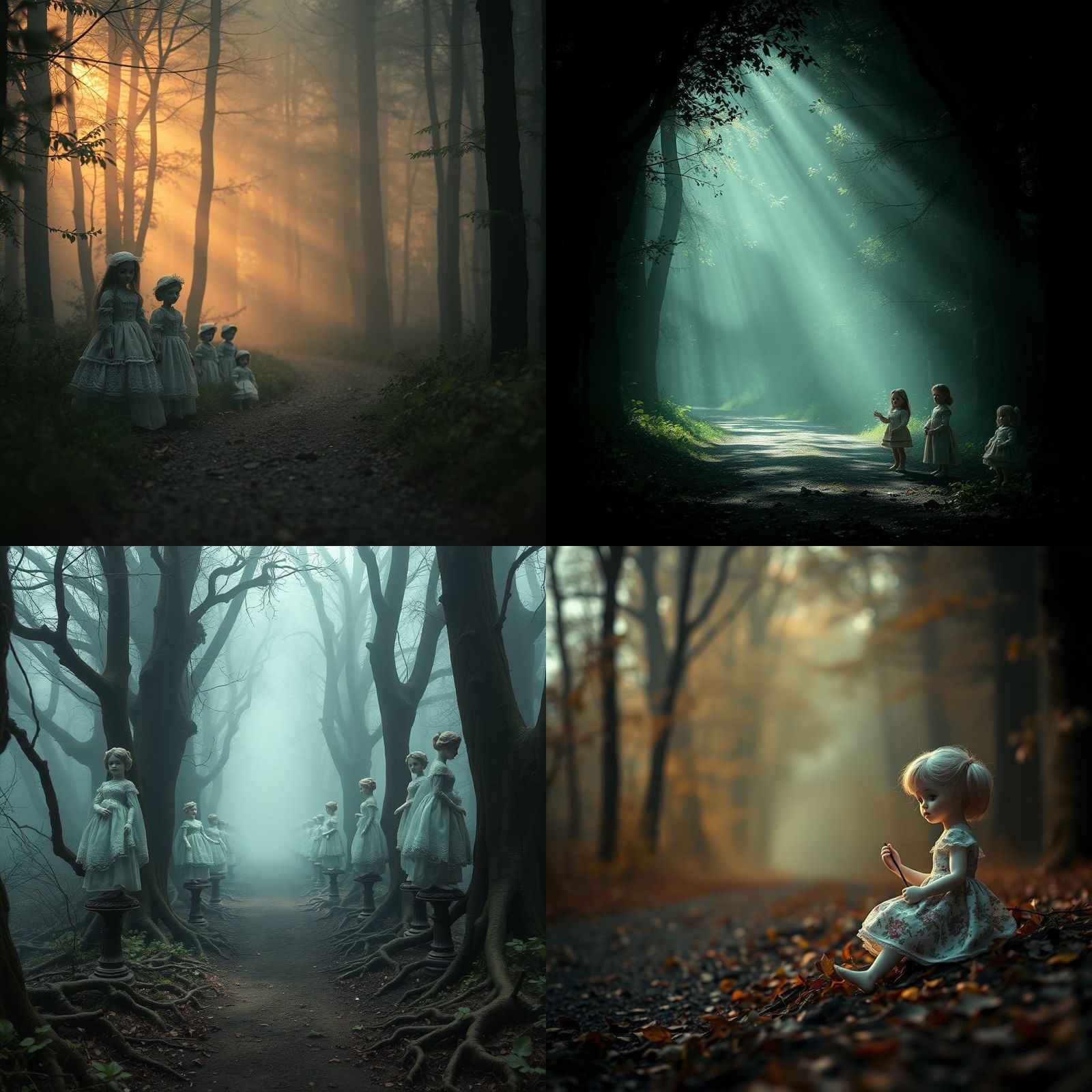 Hyperrealistic Dolls in a Moody Forest Lane