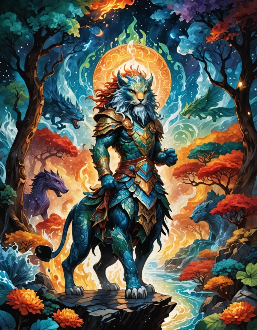 Ancient Guardian of the Four Elements in Anime Style