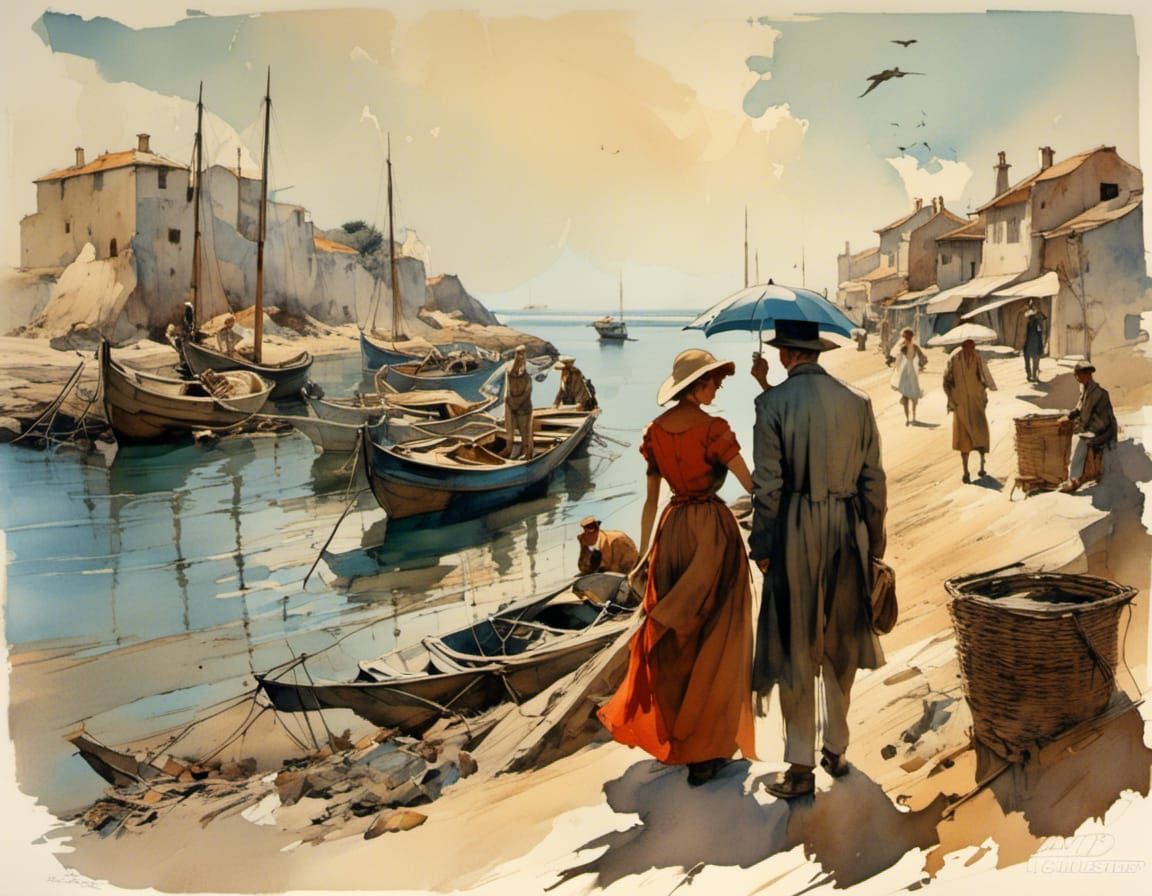 Coastal Village Scene in Art Nouveau Style