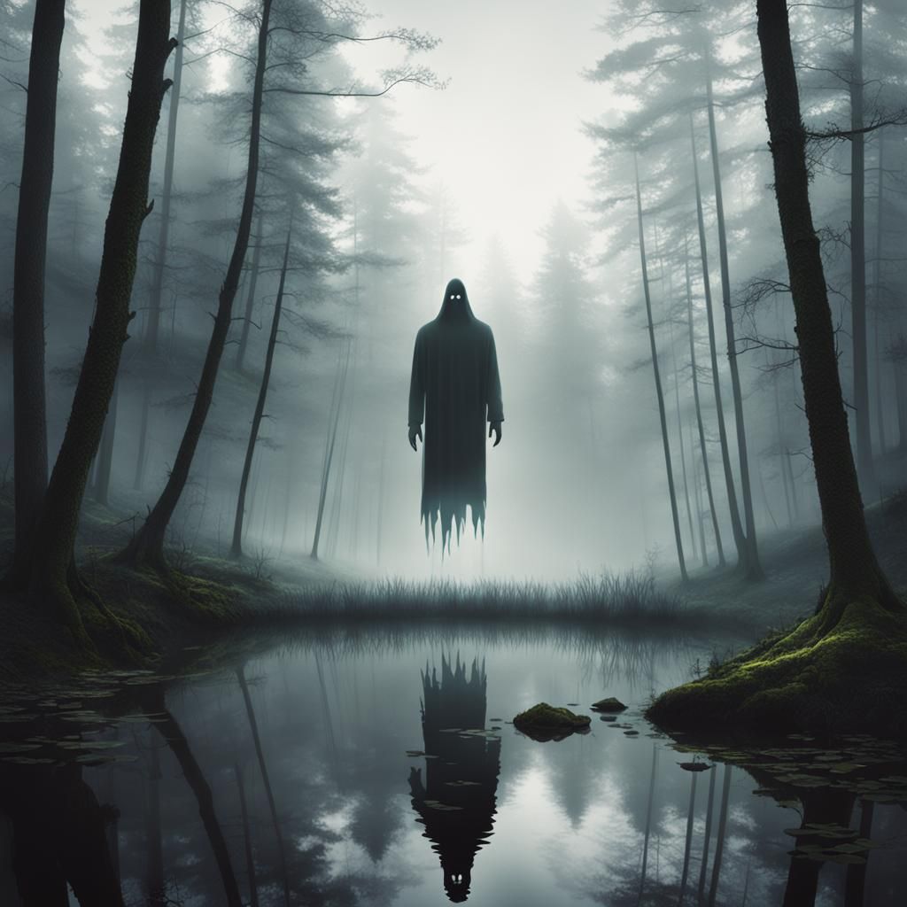 Ethereal Figure Rising from Misty Forest Pond