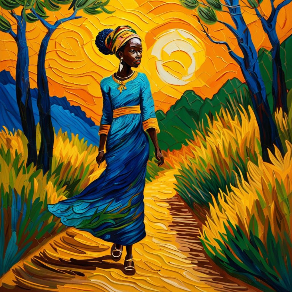African Girl in Field, Van Gogh Impasto Style