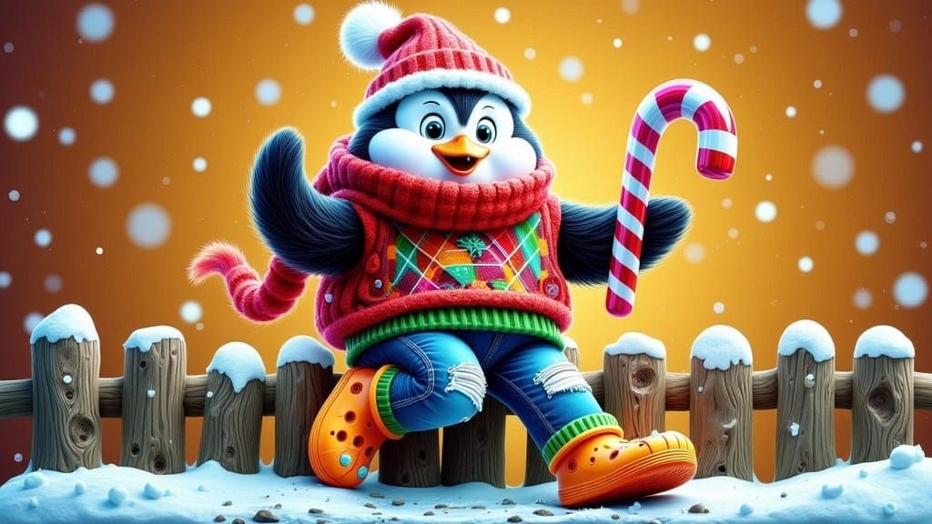 Cartoon Penguin's Whimsical Christmas Scene