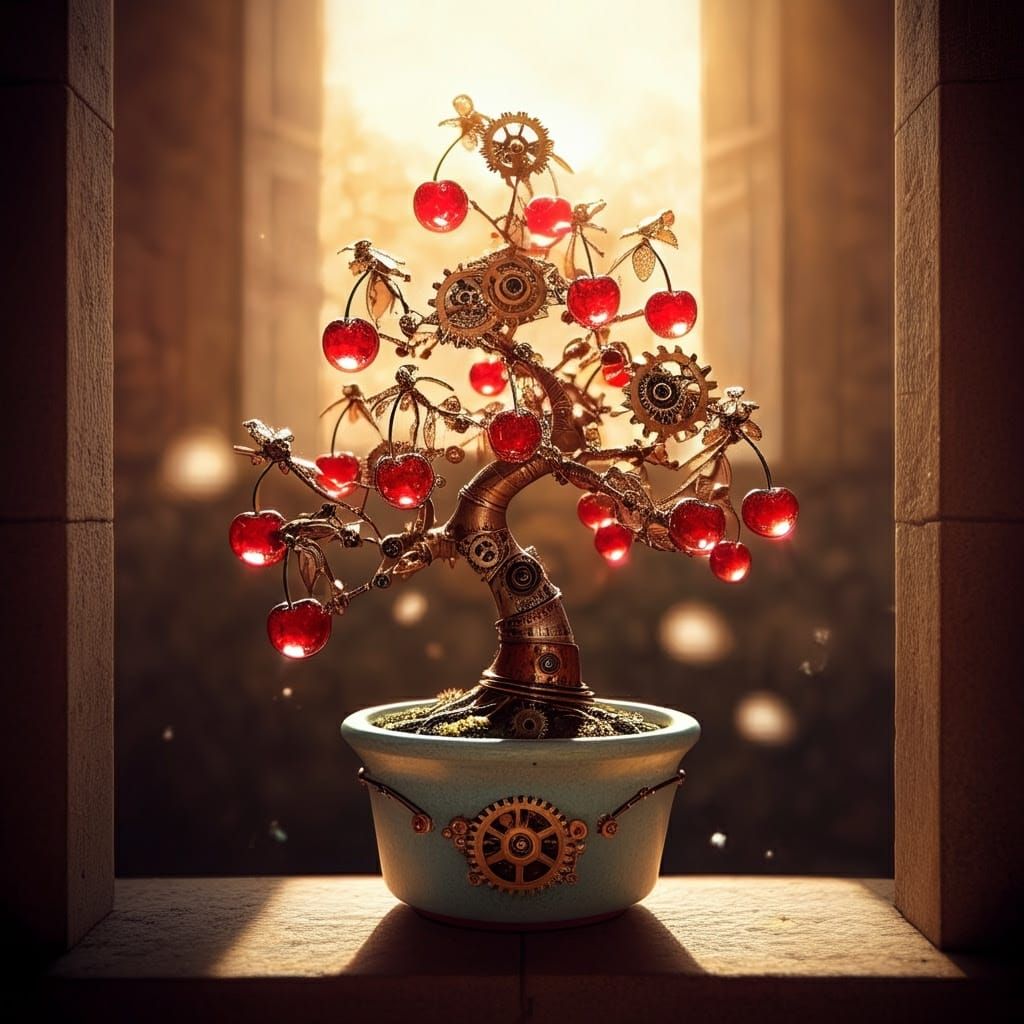 Steampunk Cherry Tree in Intricate Mechanical Bonsai