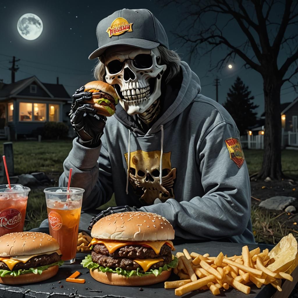 Skeleton's Midnight Feast: A Hyperrealistic Film Still