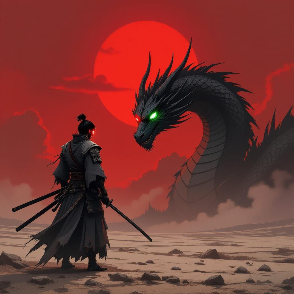 Samurai Warrior Faces Colossal Dragon Under Blood-Red Sky