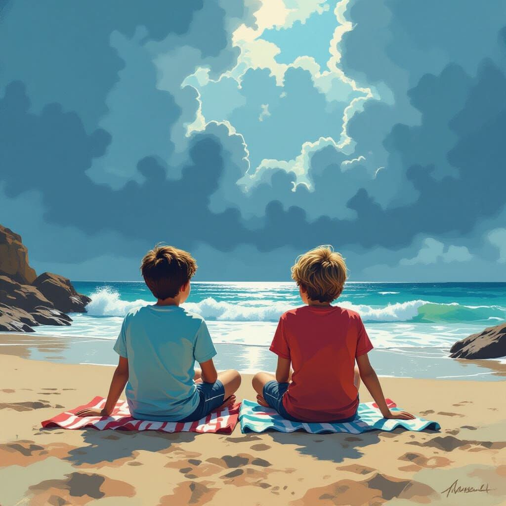 Boys on Rocky Beach Under Stormy Sky