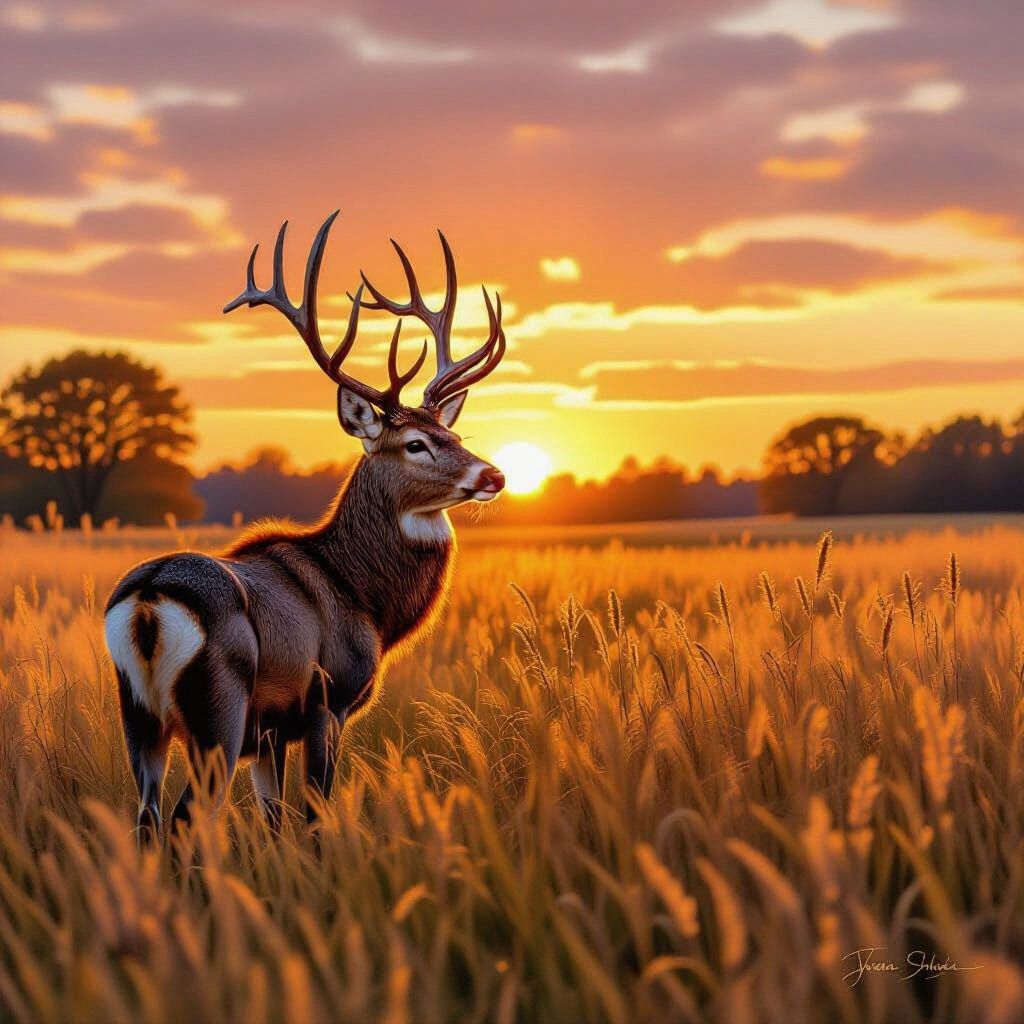 Stag in Grassy Field at Sunset