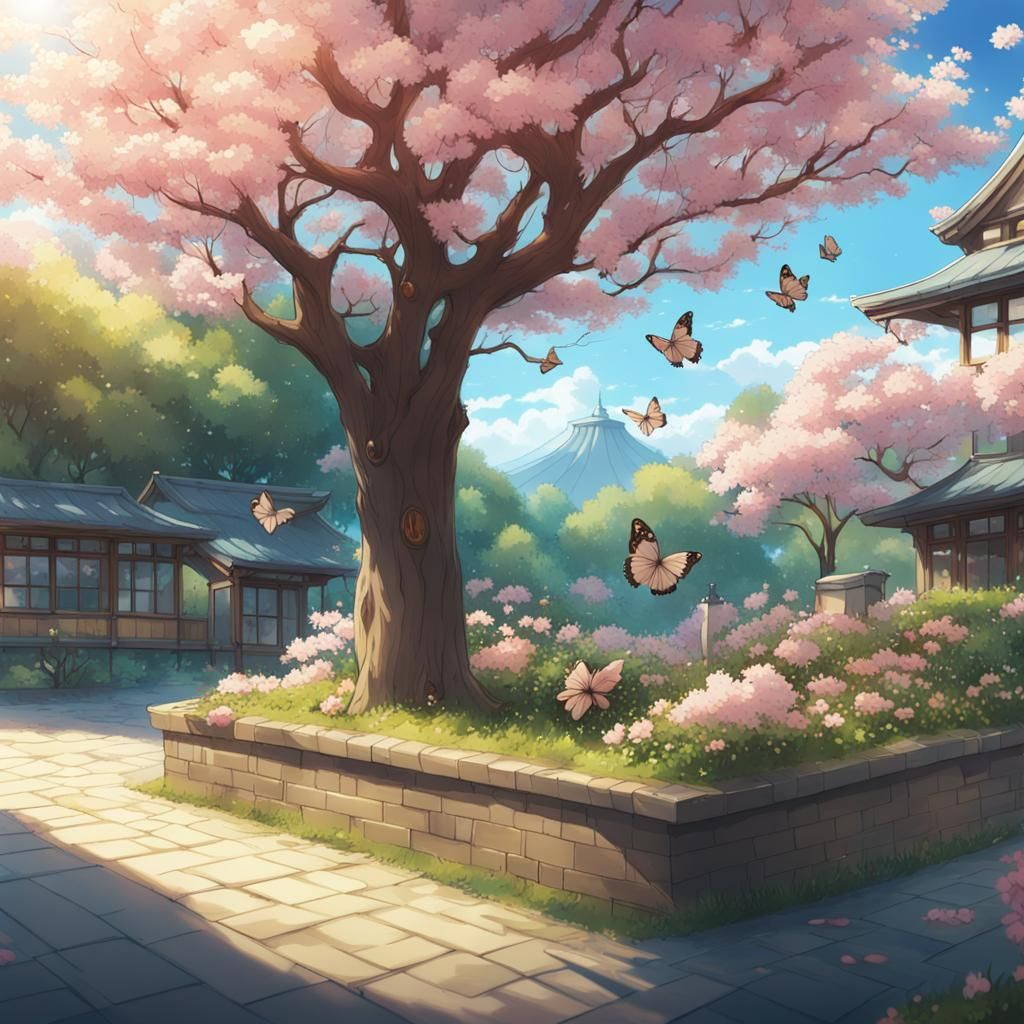 Butterflies and Blossoms: Anime-Inspired Garden Scene