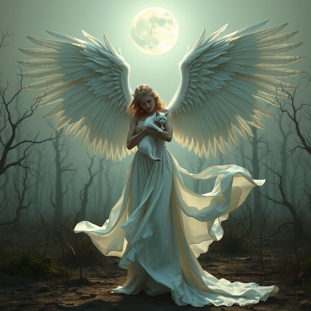 Winged Maiden with Cat in Desolate Forest