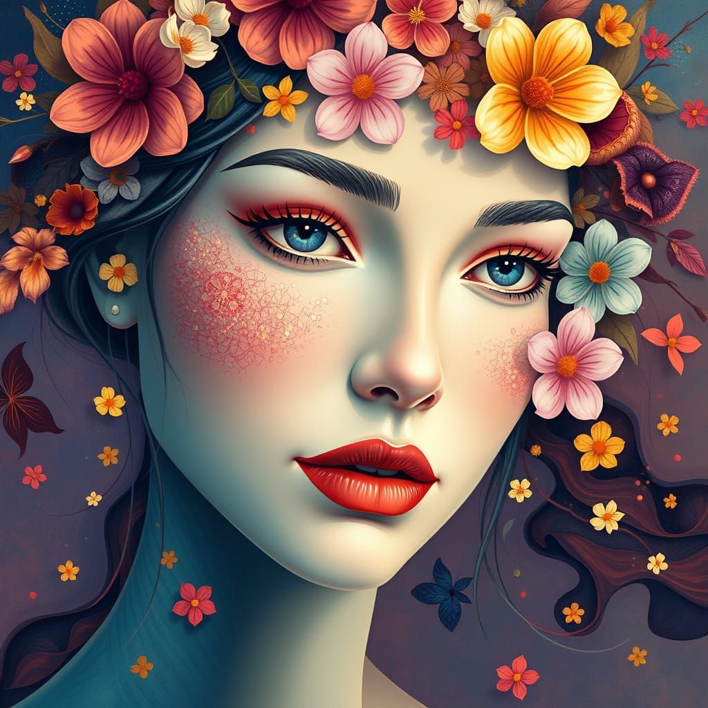 Mystical Goddess Portrait in Vibrant Neon Colors