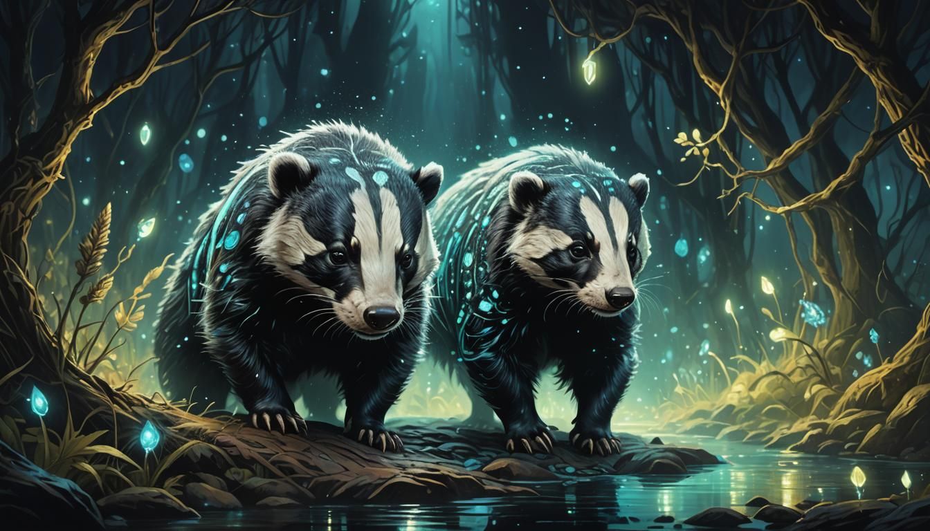 Bioluminescent Badger in the Dark: Fantasy Oil Painting