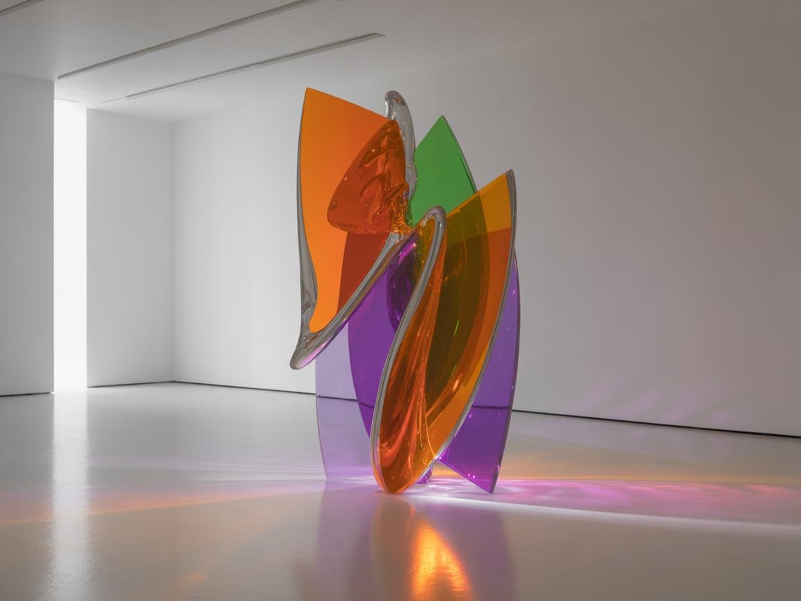 Abstract Glass Sculpture in Orange, Purple, and Green