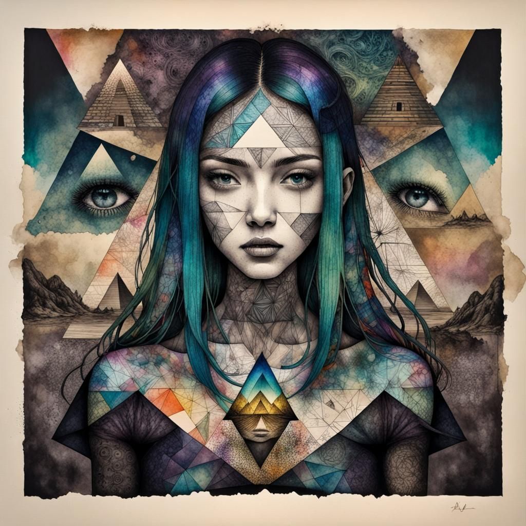 Surreal Ink Art Portrait with Pyramid Patchwork