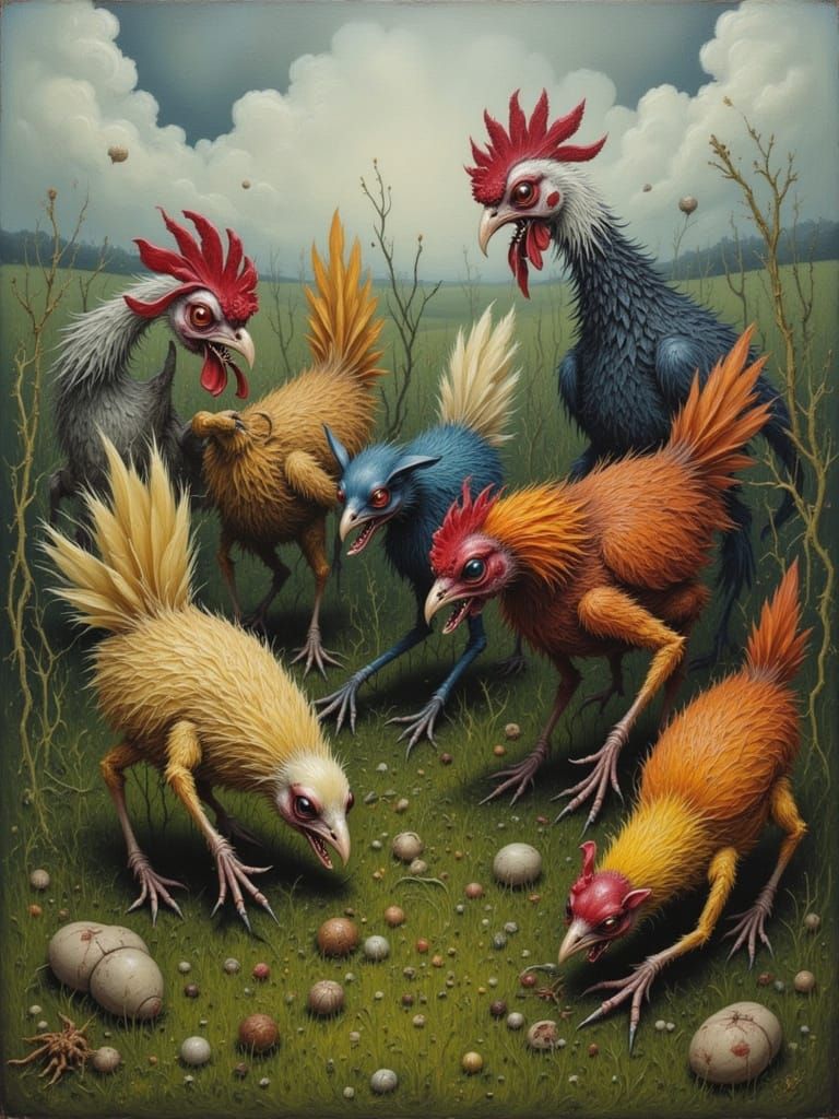 Zombie Chickens in a Grassy Field