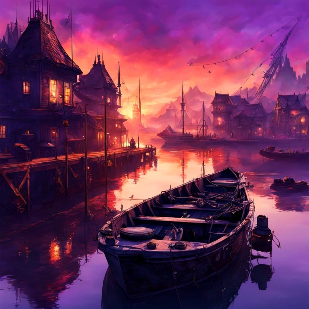 Ethereal Lake Town at Sunset