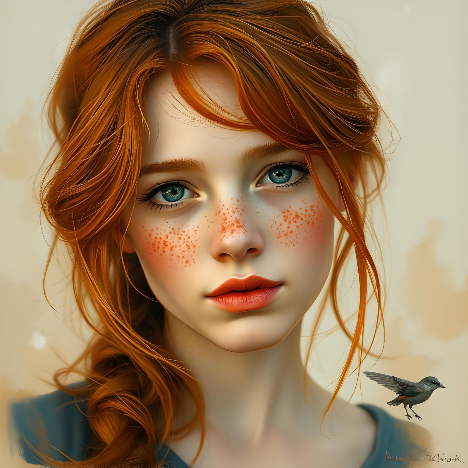 Young Woman with Freckles in Impressionist Style