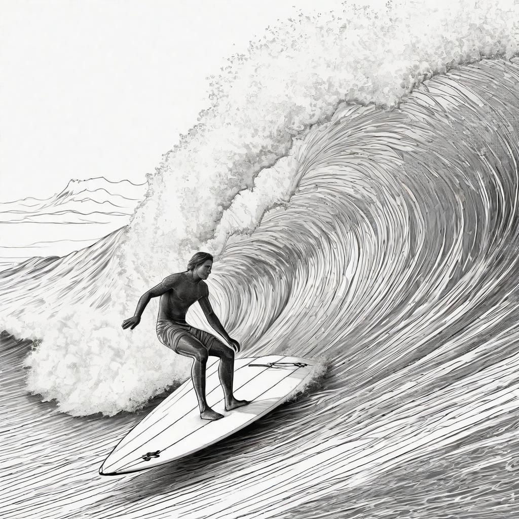Surfer on a Wave in Line Art Style