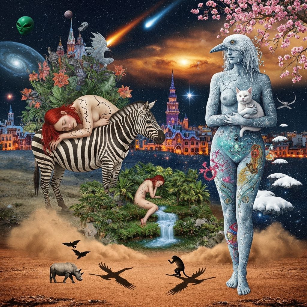 Woman Sleeping on Zebra with Jungle Plants, Naive Art Style