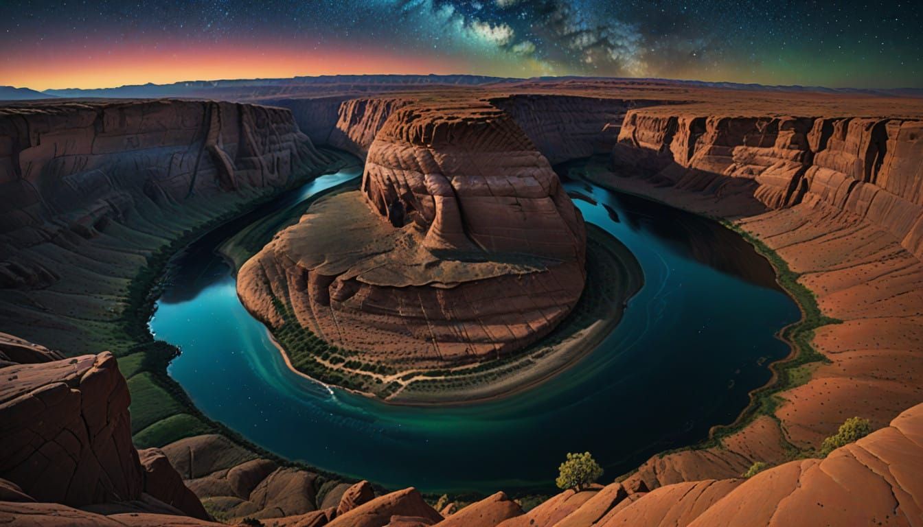 Surreal Landscape of Horseshoe Bend Under Neon-Lit Midnight...