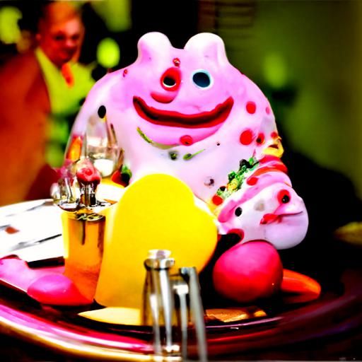 Mr. Blobby at a Restaurant: Stock Photo Style