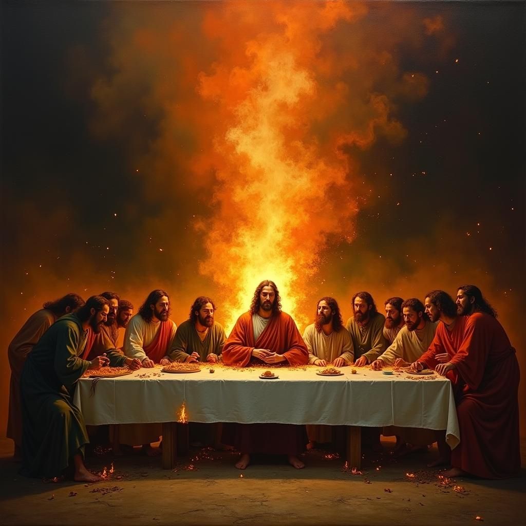 Fiery Last Supper Reimagined in Dark Surrealism