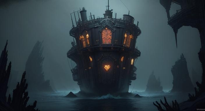 Steampunk Vampire's Submarine Sanctuary on the Dark Ocean Fl...